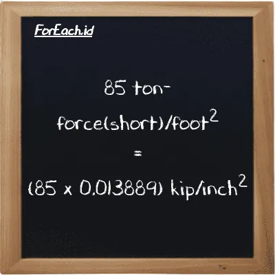 How to convert ton-force(short)/foot<sup>2</sup> to kip/inch<sup>2</sup>: 85 ton-force(short)/foot<sup>2</sup> (tf/ft<sup>2</sup>) is equivalent to 85 times 0.013889 kip/inch<sup>2</sup> (ksi)